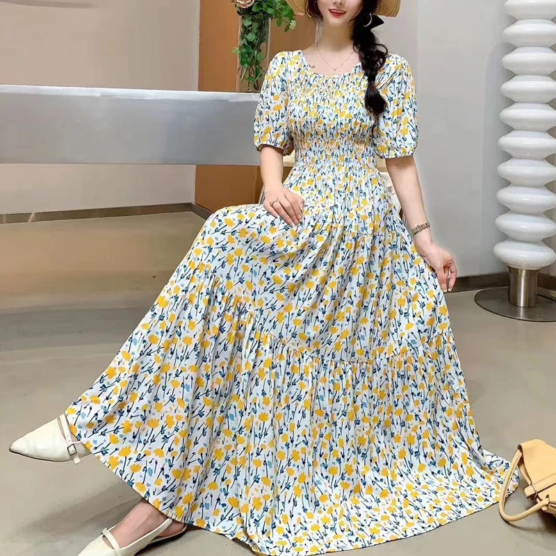 Summer New Cotton Silk Dr Casual High Waist Floral Print Beachwear Outerwear Slimming Waist Long Skirt A-Line Gown