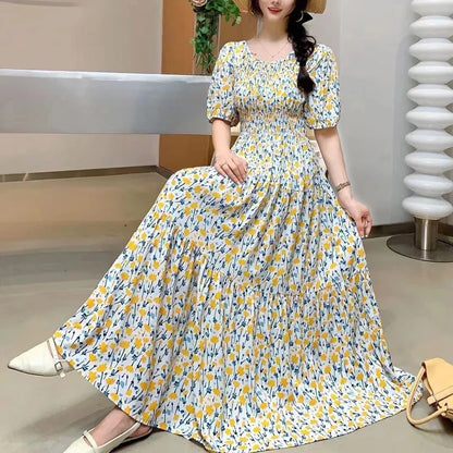 Summer New Cotton Silk Dr Casual High Waist Floral Print Beachwear Outerwear Slimming Waist Long Skirt A-Line Gown