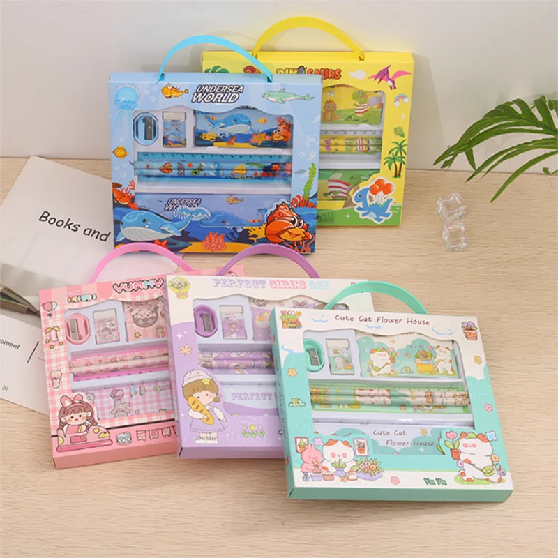 Stationery Gift Cartoon  Student Stationery Set Pencil Eraser Ruler Pencil Sharpener Pencil Case Drawing Book Multifunction