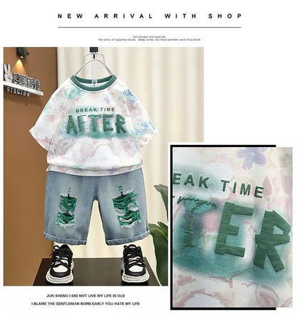 New Children's Printed Thin T-shirt+ hole Denim Shorts Teenager Boys Summer Fashion outfits