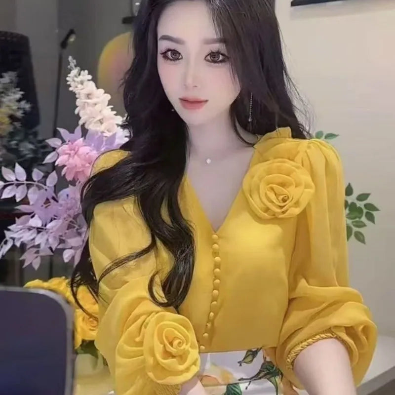 Vintage Elegant 3d Flower V-neck Shirt Women Spring Autumn All-match Blusas Mujer De Moda 2025 Fashion E-girl Blouses
