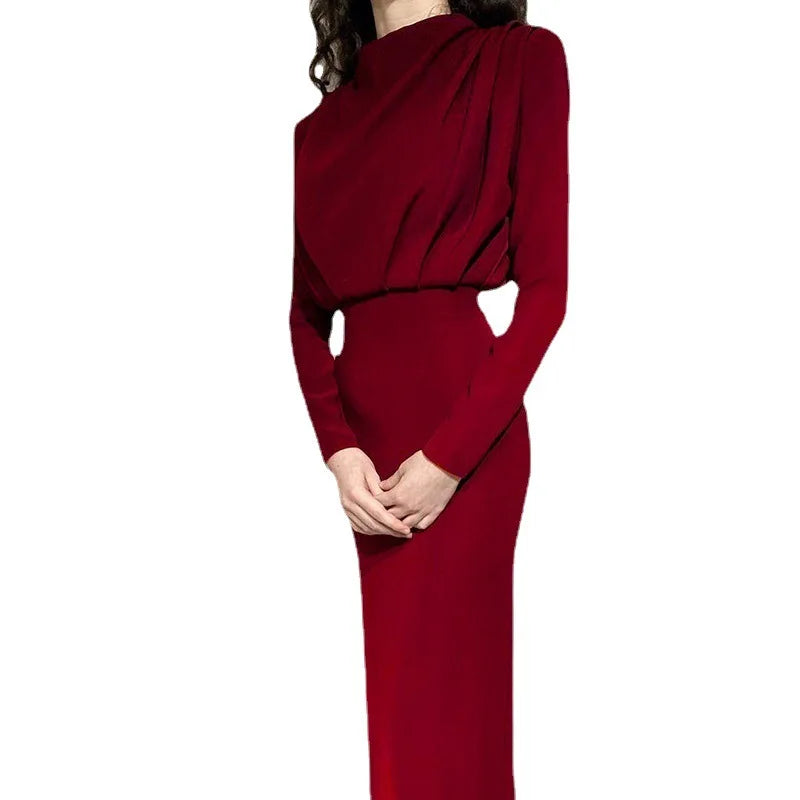Women's Spring New Dresses with European and American Temperament, Waist Wrapped Solid Color Long Skirt, Long Sleeves, Round Nec