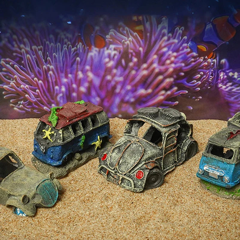 Aquarium Ornament Shaped Like Car Wreckage, Featuring Hiding Holes For Fish And Shrimp, Aquarium Decorations, And Aquascaping. (Available)