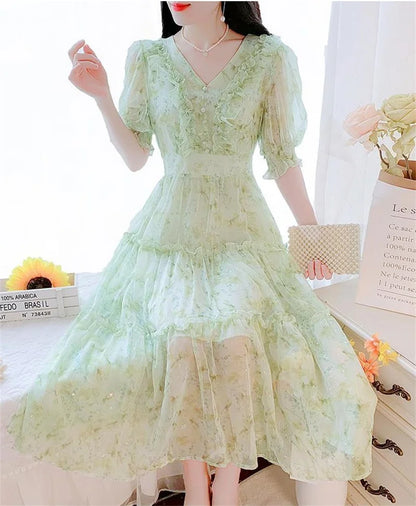 Boho Dress Women Floral Print Wrap Long Holiday Dress Ruffles Female Casual V-Neck Beach A Line Beach Dress Party Vestidos