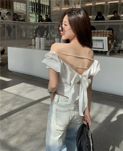 2025 Fashion New Pearl Chain Shirt Women Summer French Bow Backless White Blouse Sweet Puff Sleeve Crop Top Female