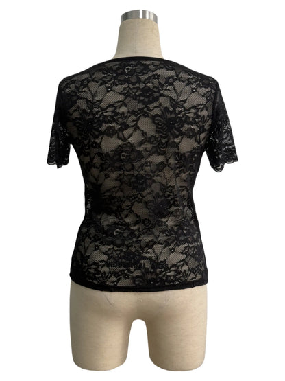 2025 New Arrival Elegant Fan-Shaped V-Neck Solid Color Lace Sexy T-Shirt Slim-Fit Slimming Top for Women Clothing Tops Tees Hot