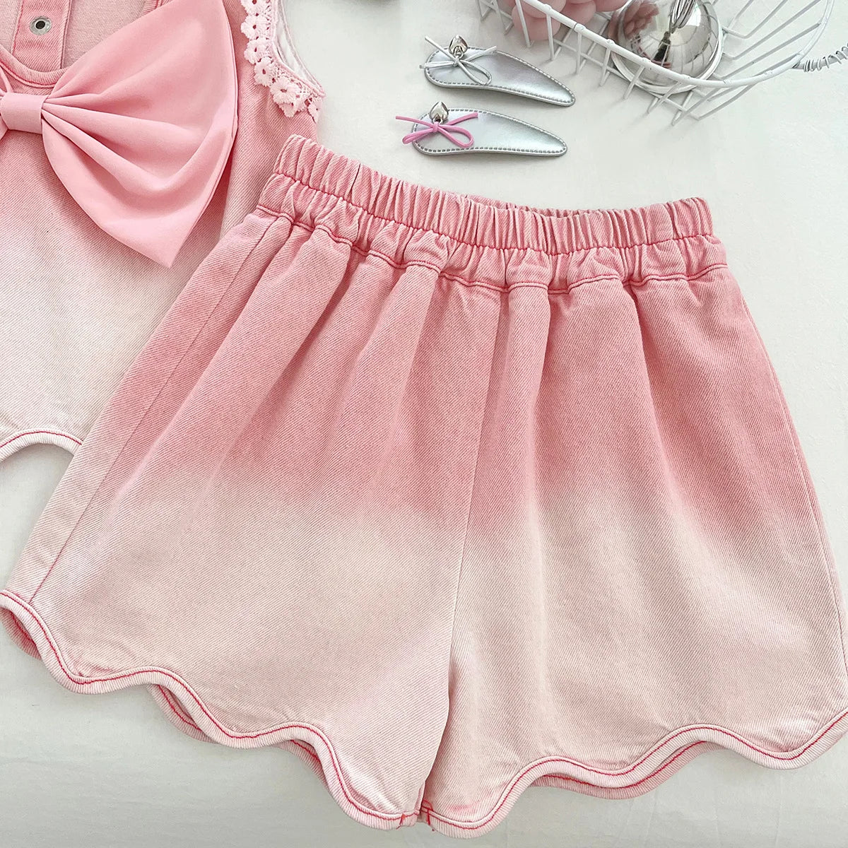 Baby Girls' Denim Suit Summer New Lace Vest Top Shorts Pants Casual and Fashion Kids Outwear Two-piece Set