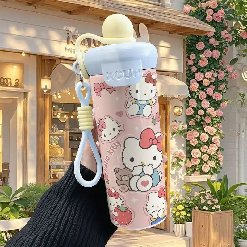 600ml Sanrio Hello Kitty Vacuum Thermos Cup SS316 Insulated Coffee Mug with Lifting Rope Portable Outdoor Drinking Water Kettle