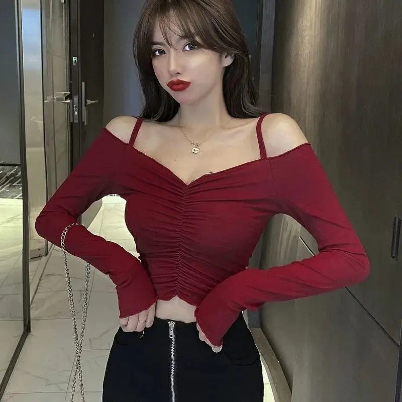 Slash Neck T-Shirts Women Sexy Lady New Design Solid Shirring All-match Футболка Женский Summer Slim Cozy Ins Chic Korean Trendy