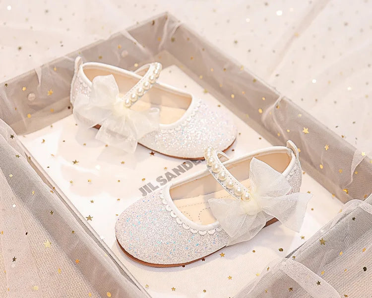 Fashion Girls Mary Janes for Party Wedding Shows Bow Pearls Elegant Princess Shoes Chic Kids Shoes Non-slip Children Fashion