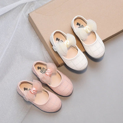 Korean Style Kids Solid Color Embroidered Leather Shoes Girls Big Bow Mesh Flower Princess Flat Dance Shoes
