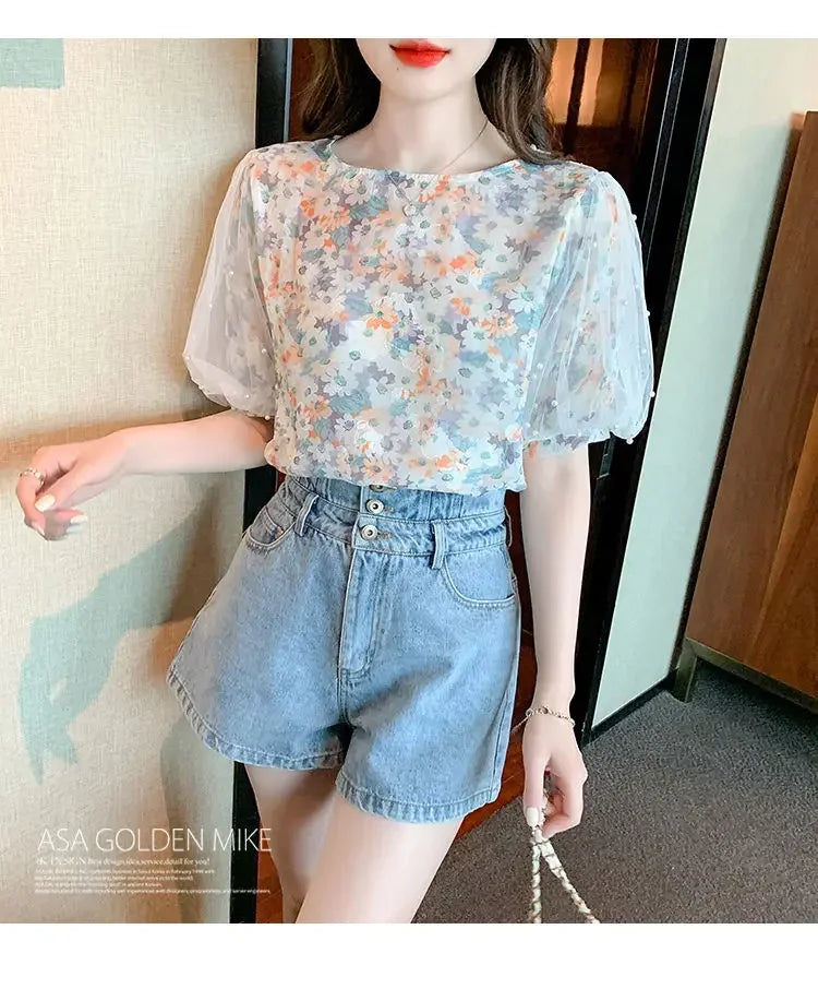 Floral Short-sleeved Chiffon Women's New Puff Sleeve Top Chic and Fashionable Shirt