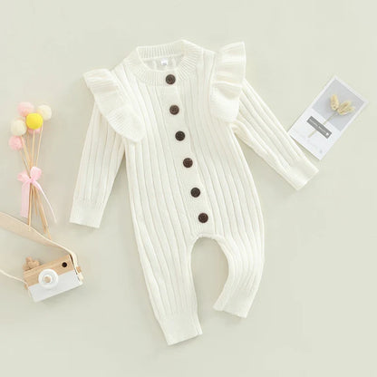 New  Winter Baby Girl’s Knitted Long Sleeve Sweater Jumpsuit Fashion Solid Color Round Neck Ruffles Button Warm Romper Outfits (Available)