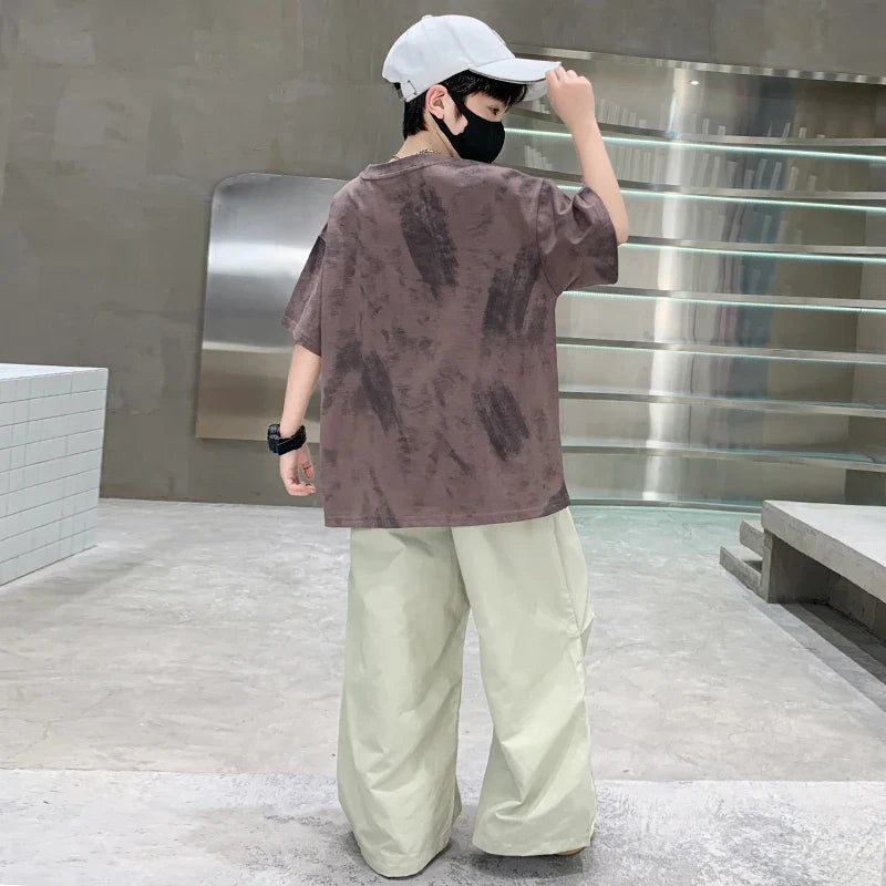 Boys Summer Clothing Set Children Casual Cotton Outfit Suit Brown Color Kids Cotton