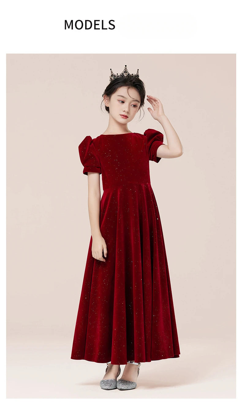 Kids Party Dress Clothing For Birthday Princess  Wine Red Piano Wedding Flower Girl 5-17 Years Old  Host Children's Formal Dress