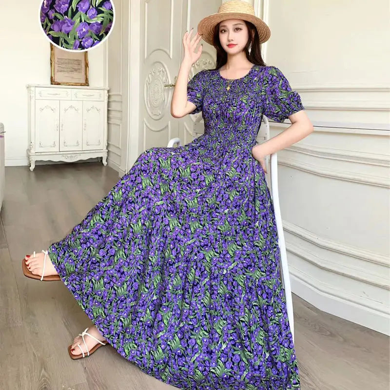 Summer New Cotton Silk Dr Casual High Waist Floral Print Beachwear Outerwear Slimming Waist Long Skirt A-Line Gown