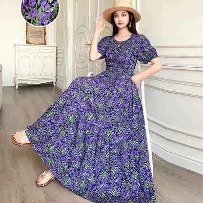 Summer New Cotton Silk Dr Casual High Waist Floral Print Beachwear Outerwear Slimming Waist Long Skirt A-Line Gown
