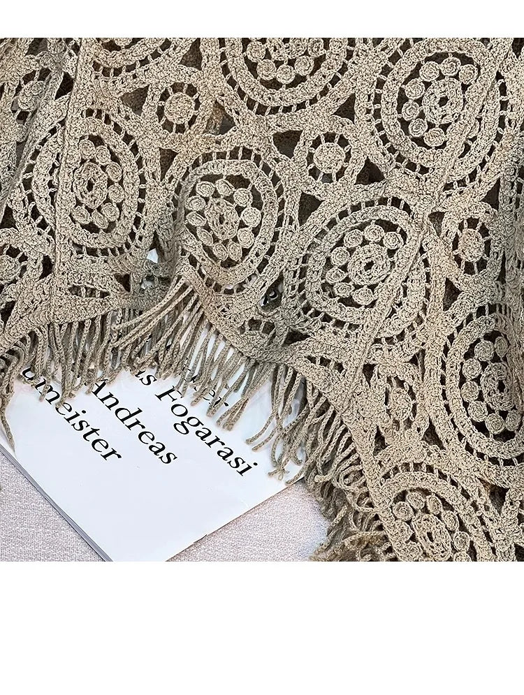 Women Tassel Hook Flower Hollow Out Short Knitting Retro Ethnic Style Round Neck Knitted Female Fashion Loose Top Spring Summer
