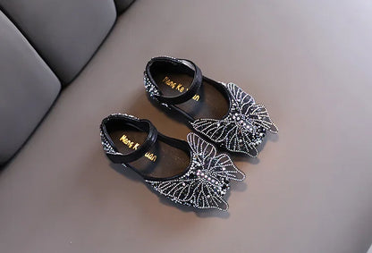Girls Leather Shoes Children's Lace Butterfly Rhinestone Pearls Beading Performance Single Shoes Fashion Weeding Kids Shoes