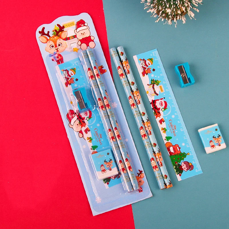 5pcs/Set Cute Cartoon Pencil Stationery Set Children Student Back To School Stationery Supplies Kawaii Kids Prize Christmas Gift