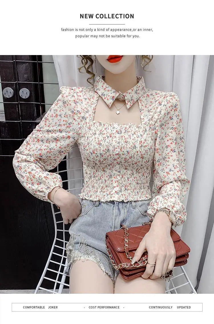 2025 Floral Chiffon Shirt New Spring Summer Women Collect Waist Hollow Out Tops Vintage Blouse Women Longsleeve Short Shirt 3XL