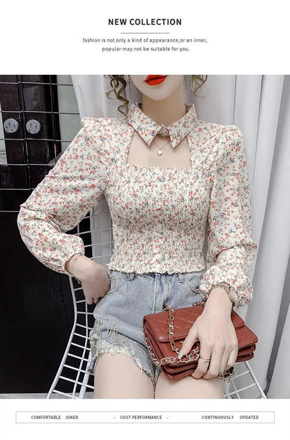 2025 Floral Chiffon Shirt New Spring Summer Women Collect Waist Hollow Out Tops Vintage Blouse Women Longsleeve Short Shirt 3XL