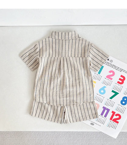 Set Children Unisex Summer New Style Cotton Stripe Pocket Shirt Polo Collar Shourts Fashion Casual Brief Versatile Korean