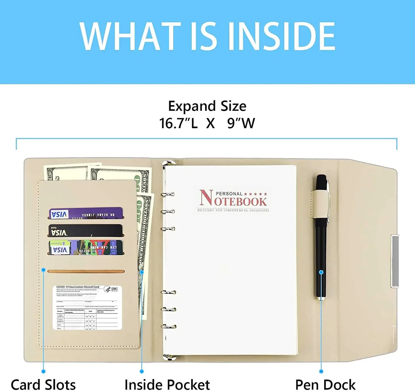 A5 Binder Refillable Planner Faux Leather Notebook Journal with Card Pen Holder Outdoor Journal Planner Agenda DIY Birthday Gift