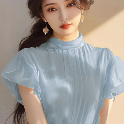 Short-sleeved Top for Women in Summer Fashionable Shirt French Style Unique and Beautiful Age-reducing Mint Green Chiffon Shirt