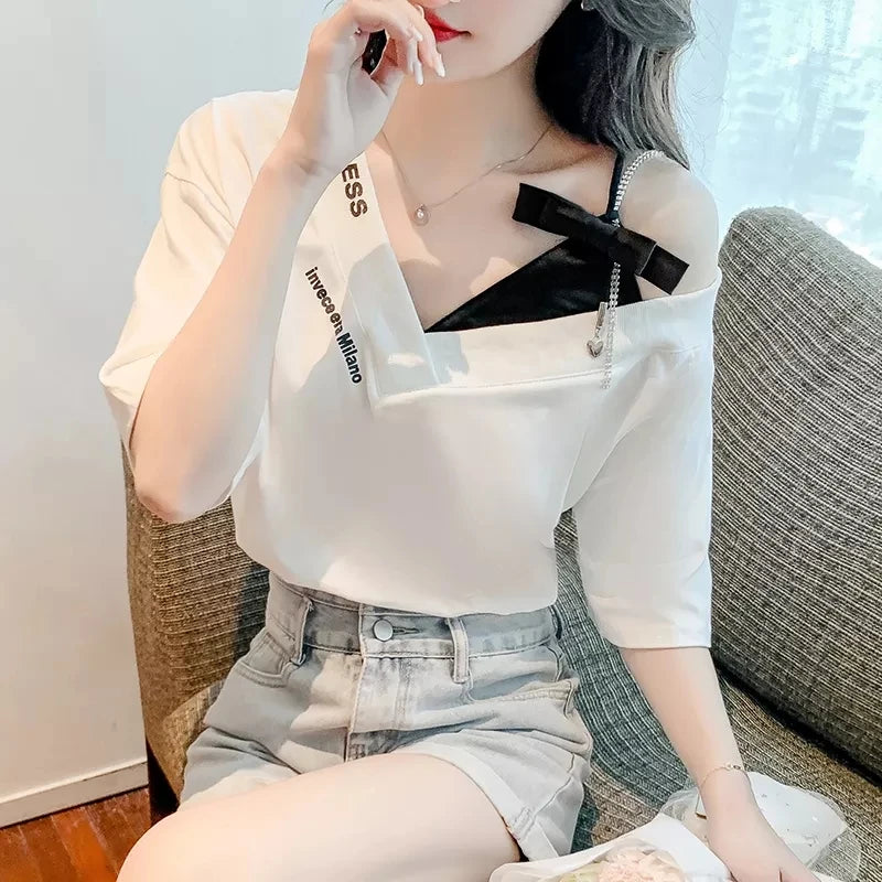 Unique Design oulder Bared ort Sve V-Ne Loose T-irt for Women  Knot Print Splice Asymmetrical Korean Sle