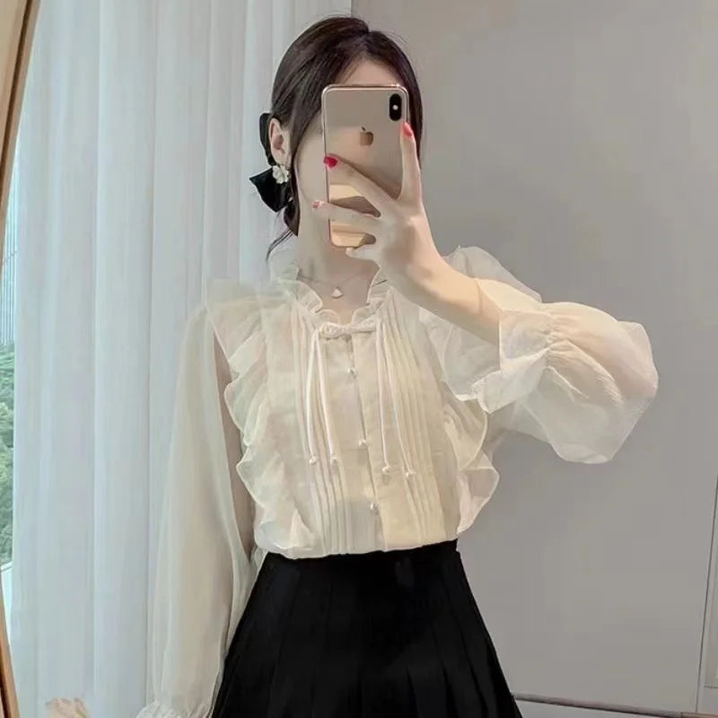New Chinese Button French Ruffled Lace Gentle Chiffon Shirt 2025 Summer Fashion Temperament New Design Small Shirt Stylish Top