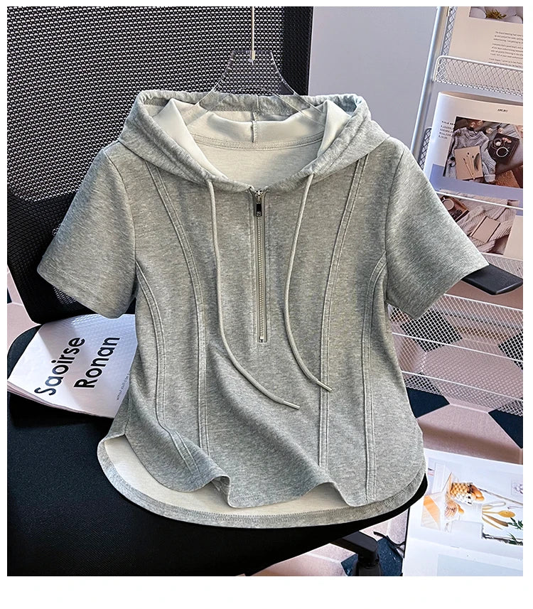 Summer New Women's Zipper Hoodie ort Sve T-irt Pure Cotton Slim Fit ort Fibone Top Korean Sle Commute Faion