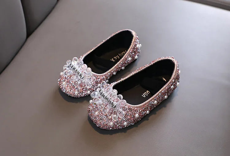 Kids Girl Shoes New Girls Princess Shoes Fashion Children Sequins Bling Bow Shoe Kid Rhinestone Non-slip Flat Shoe