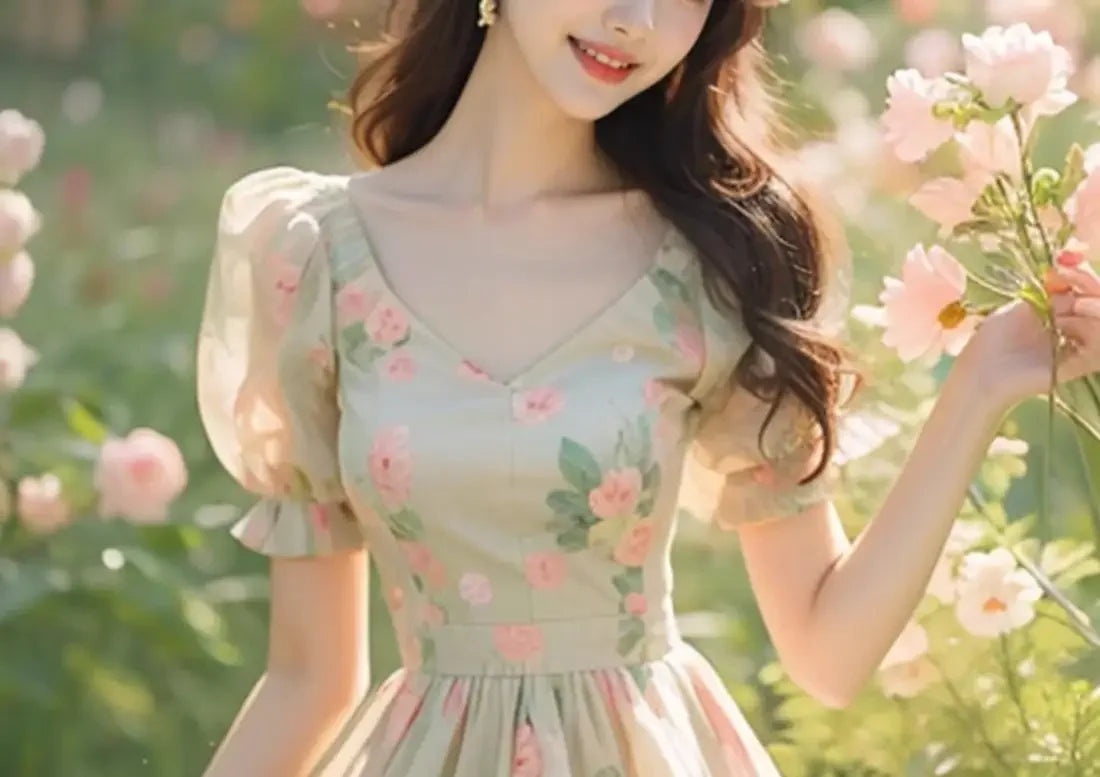 Beautiful Temperament Super Good-looking High-end Exquisite Waist-hugging Floral Puff Sleeve Dress for Women