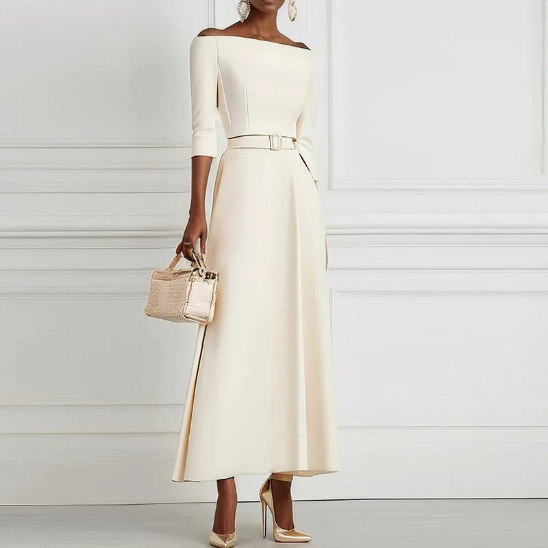 Elegant Party Dresses For Women One Shoulder Half Sleeve High Waisted A-Line Long Dress Women Offfice Dress White (Available)