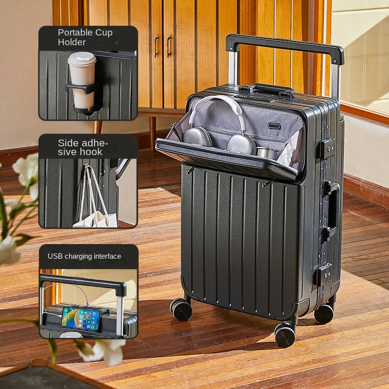 Front Opening Wide Handle Suitcase 20 inches Carry-on Cabin Suitcase Multifunctional Travel Luggage Zipper Aluminum Frame