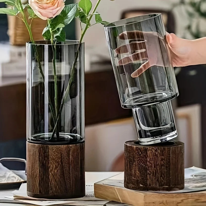 Elegant Glass Vase with Wooden Base for Hydroponic Plants,  Modern Tabletop Floral Arrangement Home Decoration (Available)