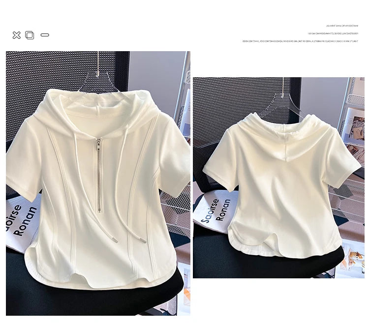 Summer New Women's Zipper Hoodie ort Sve T-irt Pure Cotton Slim Fit ort Fibone Top Korean Sle Commute Faion