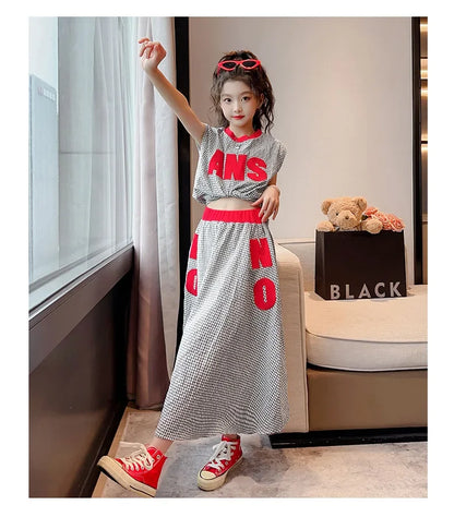Girls Clothes Summer Kids Fashion Letter Vest + Skirt 2pcs Set Children Clothing Suit Teen Girl Plaid Bowknot Sleeveless Outfits