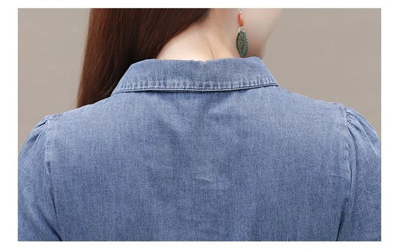 2026 Korean Summer New Denim Dress Women Temperament  Short Sleeved Fashion Slim All-match Casual Dress Female Vestidos