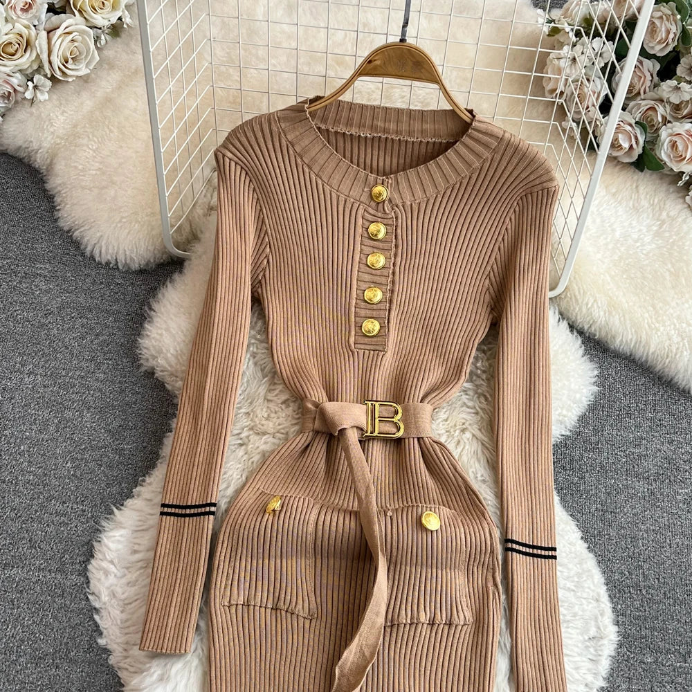 Women Dress 2025 Autumn Winter Elegant Rib Knit Long Pencil Dress with Belt Office Lady Bodycon Sweater Dress Vestidos
