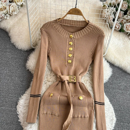 Women Dress 2025 Autumn Winter Elegant Rib Knit Long Pencil Dress with Belt Office Lady Bodycon Sweater Dress Vestidos