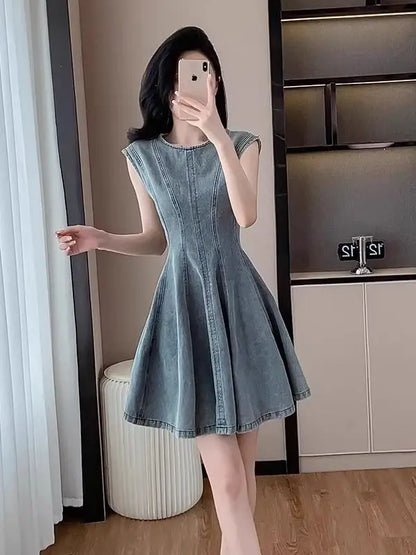 Summer New Retro Blue Denim Dr Slimming High Waist round Ne Svel A-Line Skirt Korean Sle Women's Faion Dr