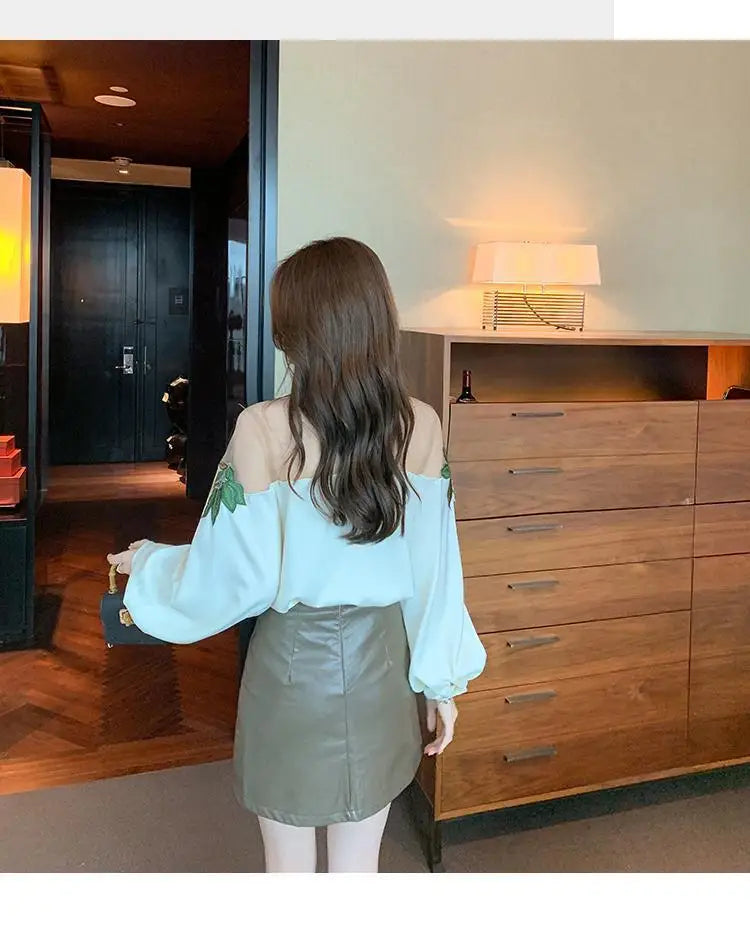Fashion Women's Blouse Shirt Patchwork Long Sleeve Mesh Perspective Embroidered Flowers Chiffon Shirt Sexy Apricot Floral Shirt