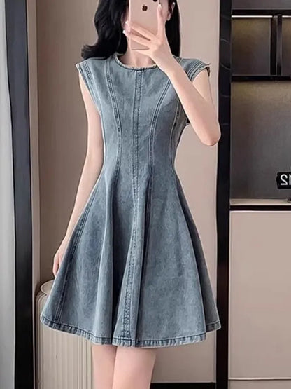 Summer New Retro Blue Denim Dr Slimming High Waist round Ne Svel A-Line Skirt Korean Sle Women's Faion Dr