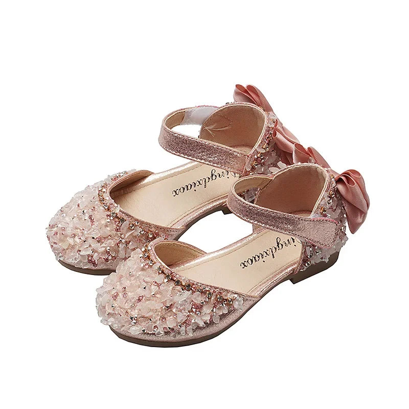 Girls' Sweet Leather Shoes with Back Knot Soft Sole Half Sandals Crystal 2025 Summer New Kids Princess Shoes for Party Wedding