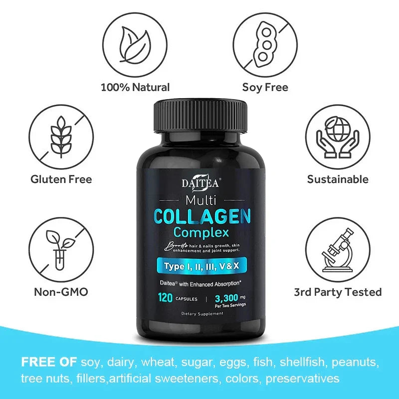 Collagen Complex (Types I, II, III, V, X) - with Digestive Enzyme Blend, Non-GMO - 120 Capsules, for Men and Women
