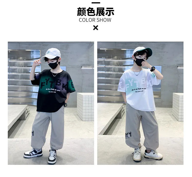 Teenager Boys Clothes Casual Outfit Kids Gradient Tracksuit Child t shirt + ankle tie pant