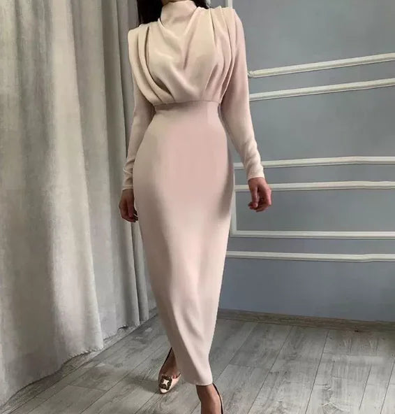 Women's Spring New Dresses with European and American Temperament, Waist Wrapped Solid Color Long Skirt, Long Sleeves, Round Nec