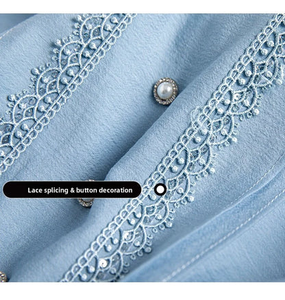 Elegant French Style V-Neck High End Blue Long Sleeve Blouse 2025 Fall New Belt Lace-up Fashion Slim Cinched Waist Tops Shirts